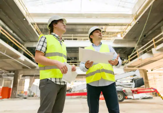 Engenheiros de Construção Civil Analisando Obra com Equipamentos para construção no fundo