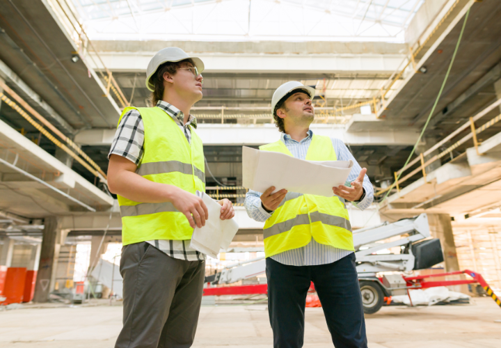 Engenheiros de Construção Civil Analisando Obra com Equipamentos para construção no fundo
